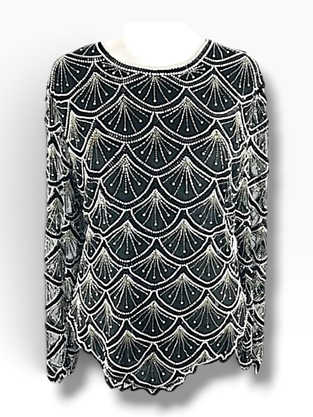 LAURENCE KAZAR VTG black white beaded top scallop designed sheer long sleeve M